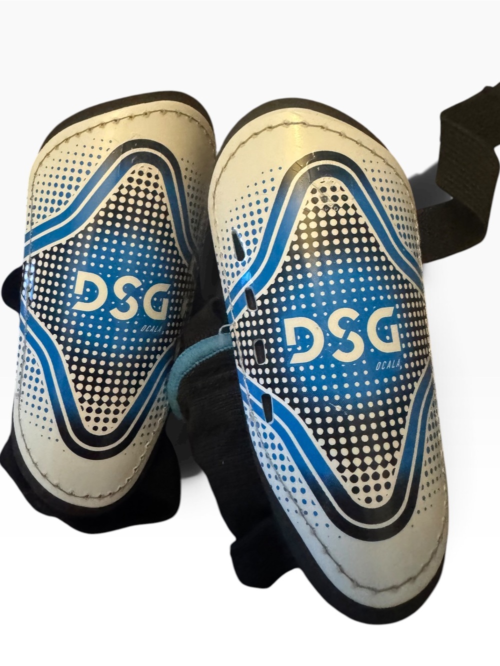 DSG Ocala Soccer Shin Guards Youth Small White/Blue/Black Adjustable Pair